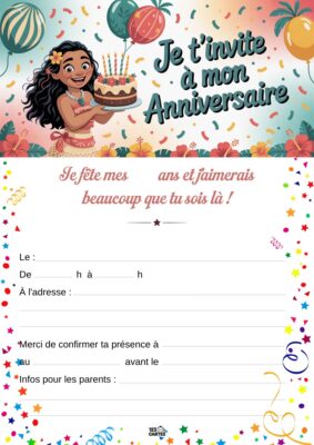 Invitation d'anniversaire avec Vaiana tenant un gâteau décoré de bougies, entourée de ballons et de confettis.