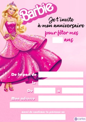 Invitation d'anniversaire poupée Barbie, aux cheveux blonds et ondulés. Elle porte une robe rose brillante ornée de paillettes, accompagnée d'une couronne.