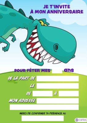Illustration colorée d'une carte d'invitation à un anniversaire mettant en scène un dinosaure vert, souriant avec de grandes dents.
