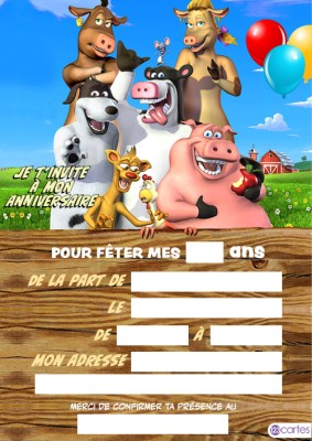 invitation d'anniversaire colorée avec des animaux de ferme joyeux, incluant un cheval, une vache et un cochon.