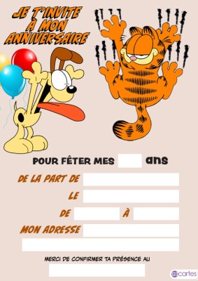 Image d'une invitation d'anniversaire colorée le chien Odie, beige aux grandes oreilles et aux yeux ronds, tenant des ballons. À côté, se trouve le chat Garfield, qui sourit.