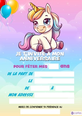 Image d'invitation d'anniversaire avec une licorne mignonne sur fond pastel, ballons colorés.
