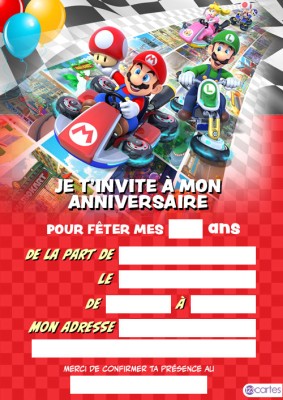 Invitation d'anniversaire avec des personnages de Mario Kart, décorée de ballons et d'une route en damier.