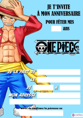 carte d'invitation anniversaire Luffy, héros du manga One Piece porte un chapeau de paille et une chemise rouge