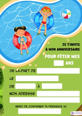 Invitation d'anniversaire colorée avec des enfants flottant sur des bouées dans une piscine.