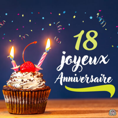 Muffin au chocolat avec bougies, décoré d'une cerise, sur fond bleu. Texte 18 Joyeux Anniversaire et confettis colorés.
