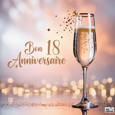 Image élégante d'une flûte à champagne dorée avec des bulles scintillantes et le texte Bon 18 Anniversaire en lettres dorées cursives sur un arrière-plan flou aux tons rosés et dorés.
