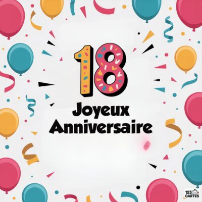 Design festif avec le nombre 18 coloré au centre, entouré de ballons multicolores, confettis et serpentins sur fond blanc, avec Joyeux Anniversaire inscrit en noir en dessous.