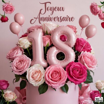 Composition florale luxueuse avec des roses roses et blanches dans un vase rose, des ballons gonflables formant 18 et le texte Joyeux Anniversaire en lettres roses cursives.