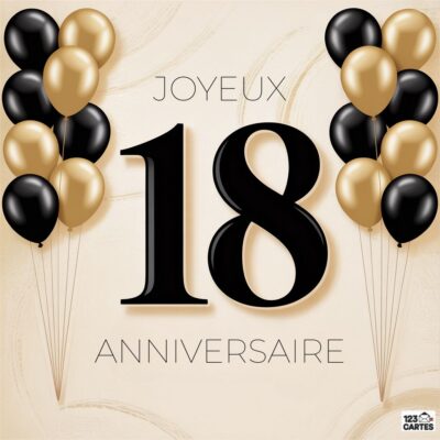 Design sophistiqué avec le nombre 18 en grand format noir sur fond beige, encadré de ballons noirs et dorés, avec JOYEUX ANNIVERSAIRE inscrit en lettres élégantes.