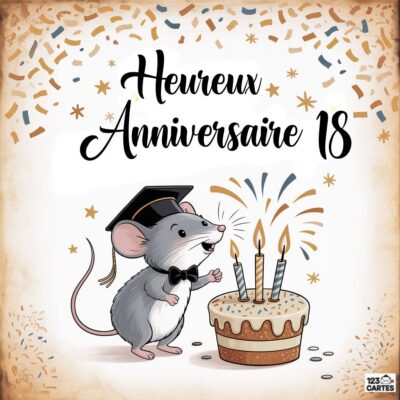 Illustration mignonne d'une petite souris grise portant un chapeau de graduation devant un gâteau d'anniversaire avec trois bougies, entourée de confettis dorés et du texte Heureux Anniversaire 18 sur fond vintage.