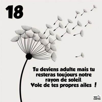 Design minimaliste avec une silhouette de pissenlit noir dont les graines s'envolent, le chiffre 18 en grand et le message poétique Tu deviens adulte mais tu resteras toujours notre rayon de soleil. Vole de tes propres ailes !
