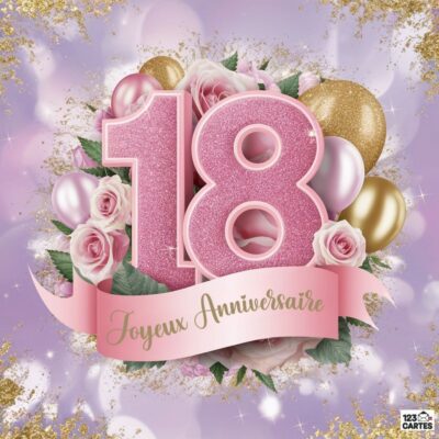 Arrangement luxueux avec le nombre 18 en rose paillettes entouré de roses, ballons dorés et roses sur fond violet avec effets de lumière dorée et ruban Joyeux Anniversaire.