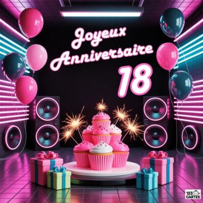 Ambiance disco futuriste avec Joyeux Anniversaire 18 en néon rose, ballons colorés, cupcakes roses sur podium, cadeaux et haut-parleurs dans un décor de boîte de nuit aux néons rose et bleu.