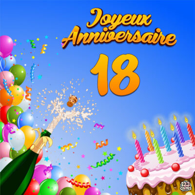 Image festive pour un 18ème anniversaire, avec un gâteau, champagne, des ballons colorés et des confettis. Joyeux Anniversaire.