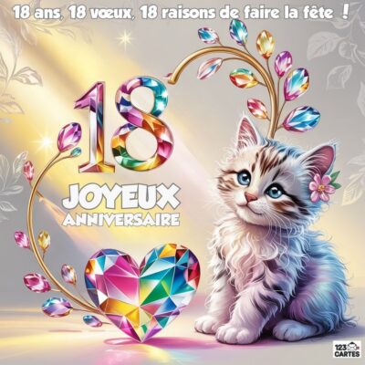 Illustration fantaisiste d'un chaton tigré aux yeux bleus entouré de cristaux colorés en forme de cœur et de papillons, avec le nombre 18 en cristal arc-en-ciel et le texte 18 ans, 18 vœux, 18 raisons de faire la fête ! JOYEUX ANNIVERSAIRE sur fond doré lumineux.