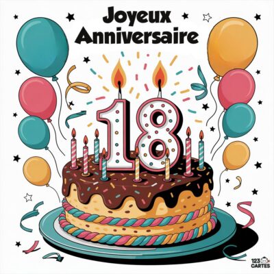 Illustration festive d'un gâteau d'anniversaire au chocolat avec bougies formant 18, entouré de ballons colorés, confettis et serpentins sur fond blanc avec Joyeux Anniversaire en lettres noires décoratives.