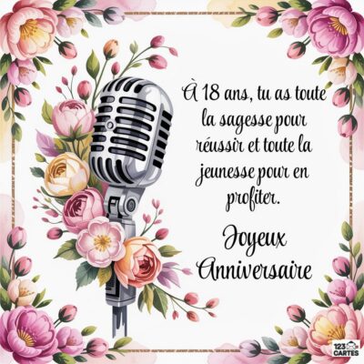 Design élégant avec un microphone vintage entouré de roses et pivoines, accompagné du message inspirant À 18 ans, tu as toute la sagesse pour réussir et toute la jeunesse pour en profiter. Joyeux Anniversaire dans un cadre fleuri.