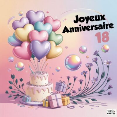 Composition douce avec des ballons en forme de cœurs dans les tons pastel violet, rose et jaune, un gâteau à étages décoratif, des cadeaux et des fleurs stylisées sur fond dégradé rose-bleu avec Joyeux Anniversaire 18.