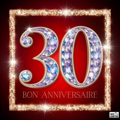 Carte d'anniversaire 30 ans avec chiffres brillants ornés de diamants sur fond rouge bordeaux et cadre doré scintillant, texte Bon Anniversaire
