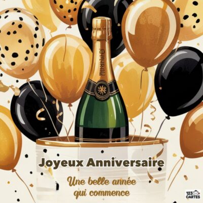 Carte élégante 30e anniversaire avec champagne et ballons dorés, noirs et à pois sur fond beige, texte Joyeux Anniversaire, Une belle année qui commence
