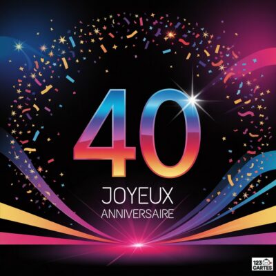 Carte d'anniversaire 40 ans avec confettis multicolores sur fond noir, chiffres 40 en dégradé bleu-rose et texte JOYEUX ANNIVERSAIRE.