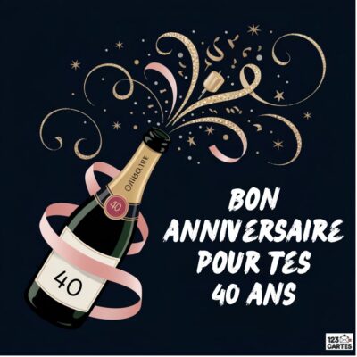 Illustration anniversaire 40 ans avec bouteille de champagne dorée, bouchon qui saute, confettis et texte BON ANNIVERSAIRE POUR TES 40 ANS