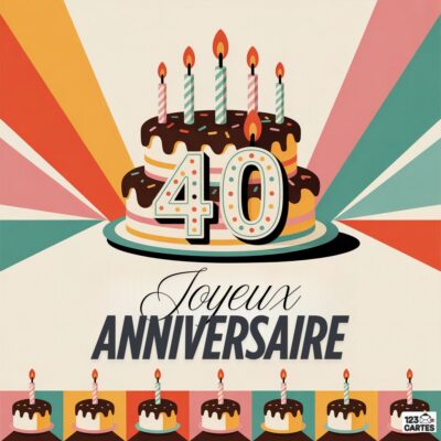 Gâteau d'anniversaire 40 ans avec bougies colorées sur fond géométrique multicolore, texte JOYEUX ANNIVERSAIRE