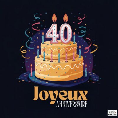 Gâteau d'anniversaire à étages avec bougies 40, confettis et serpentins colorés sur fond étoilé, texte Joyeux ANNIVERSAIRE
