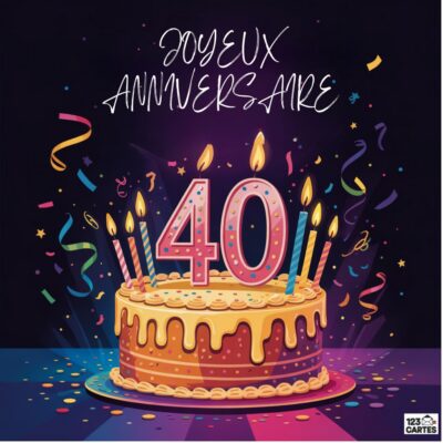 Gâteau d'anniversaire 40 ans avec bougies colorées, confettis et serpentins sur fond violet, texte JOYEUX ANNIVERSAIRE