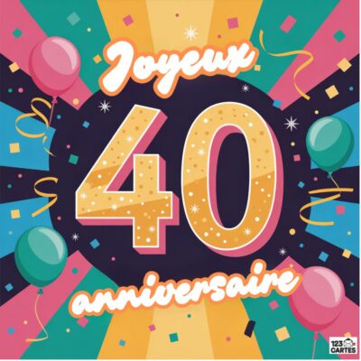 Célébration colorée 40 ans avec ballons roses et verts, confettis sur fond festif, texte Joyeux 40 anniversaire