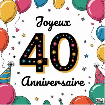 Carte festive avec ballons colorés, chapeaux de fête et étoiles, chiffres 40 décorés, texte Joyeux 40 Anniversaire