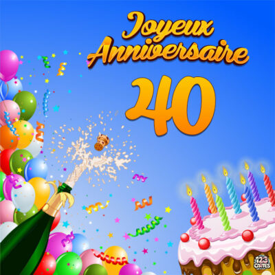 Image festive pour un 40ème anniversaire, avec un gâteau, champagne, des ballons colorés et des confettis. Joyeux Anniversaire.