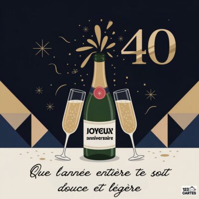 Bouteille de champagne dorée qui explose avec deux coupes et confettis sur fond géométrique, texte 40 JOYEUX anniversaire - Que l'année entière te soit douce et légère