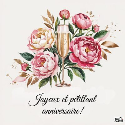 Bouquet de pivoines roses avec coupe de champagne dorée sur fond beige, texte Joyeux et pétillant anniversaire!
