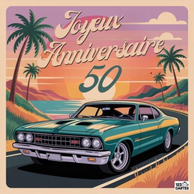 Carte rétro 50 ans avec voiture de collection verte sur route de bord de mer au coucher de soleil, palmiers et texte Joyeux Anniversaire 50 style vintage.
