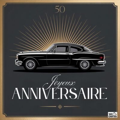 Carte anniversaire 50 ans de style Art déco avec voiture classique noire, rayons dorés et texte élégant 50 Joyeux Anniversaire.