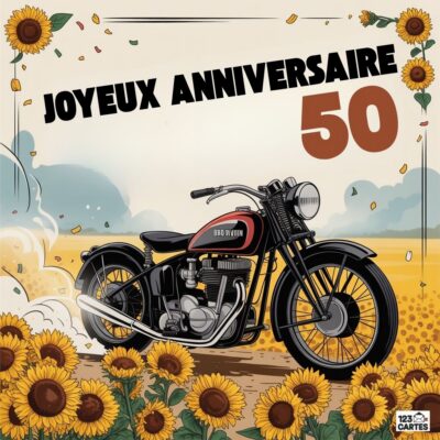 Carte vintage 50 ans avec moto classique noire dans un champ de tournesols, ciel nuageux en arrière-plan et texte Joyeux Anniversaire 50 en lettres noires.