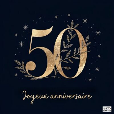 Carte minimaliste anniversaire 50 ans avec chiffres dorés 50 ornés de branches végétales sur fond noir étoilé, texte Joyeux anniversaire en lettres cursives dorées.
