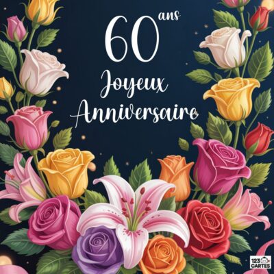Couronne de roses multicolores pour 60 ans avec roses roses, jaunes, oranges et violettes, lys blanc et rose, feuillage vert sur fond bleu marine, texte 60 ans Joyeux Anniversaire