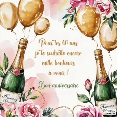 Carte anniversaire 60 ans champagne avec deux bouteilles de Champagne, ballons dorés, roses roses aquarellées, message : Pour tes 60 ans, je te souhaite encore mille bonheurs à venir ! Bon anniversaire