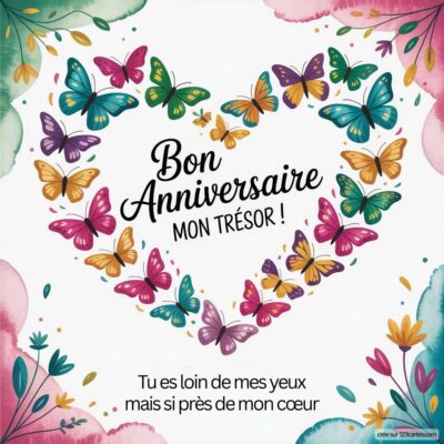 Carte d'anniversaire avec des papillons entourant le message 'Bon Anniversaire Mon Trésor!' et des fleurs.