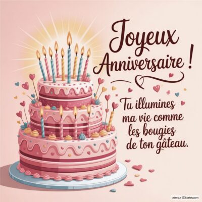 Gâteau d'anniversaire à plusieurs niveaux, décoré avec des bougies allumées et des cœurs, avec un message festif.