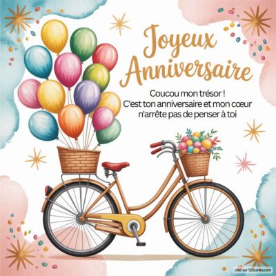 Illustration d'un vélo avec des ballons et des fleurs, accompagnée d'un message de joyeux anniversaire chaleureux.