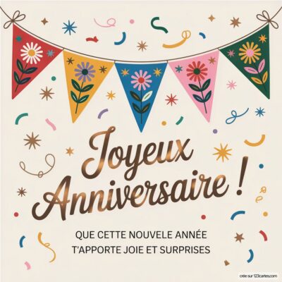 Banderoles festives avec fleurs, texte 'Joyeux Anniversaire' et confettis sur fond clair, pour célébrer un anniversaire.