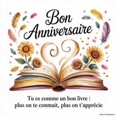 Une illustration d'un livre ouvert avec des fleurs et des plumes, accompagnée du texte 'Bon Anniversaire'.