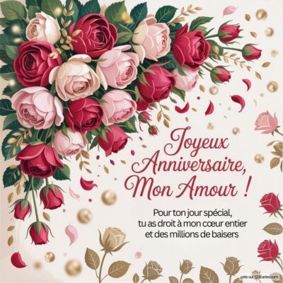 Bouquet de roses avec un message d'anniversaire : Joyeux Anniversaire, Mon Amour ! et des pétales flottants en arrière-plan.