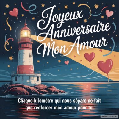 Illustration d'un phare illuminé sur une île, avec un message d'anniversaire affectueux et des cœurs flottants en arrière-plan.