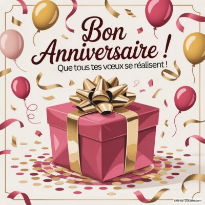 Cadeau d'anniversaire avec un grand nœud, entouré de ballons et de confettis, accompagné du message « Bon Anniversaire ! ».