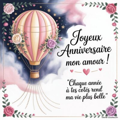 Montgolfière entourée de fleurs, avec le message Joyeux Anniversaire mon amour ! et une citation touchante.